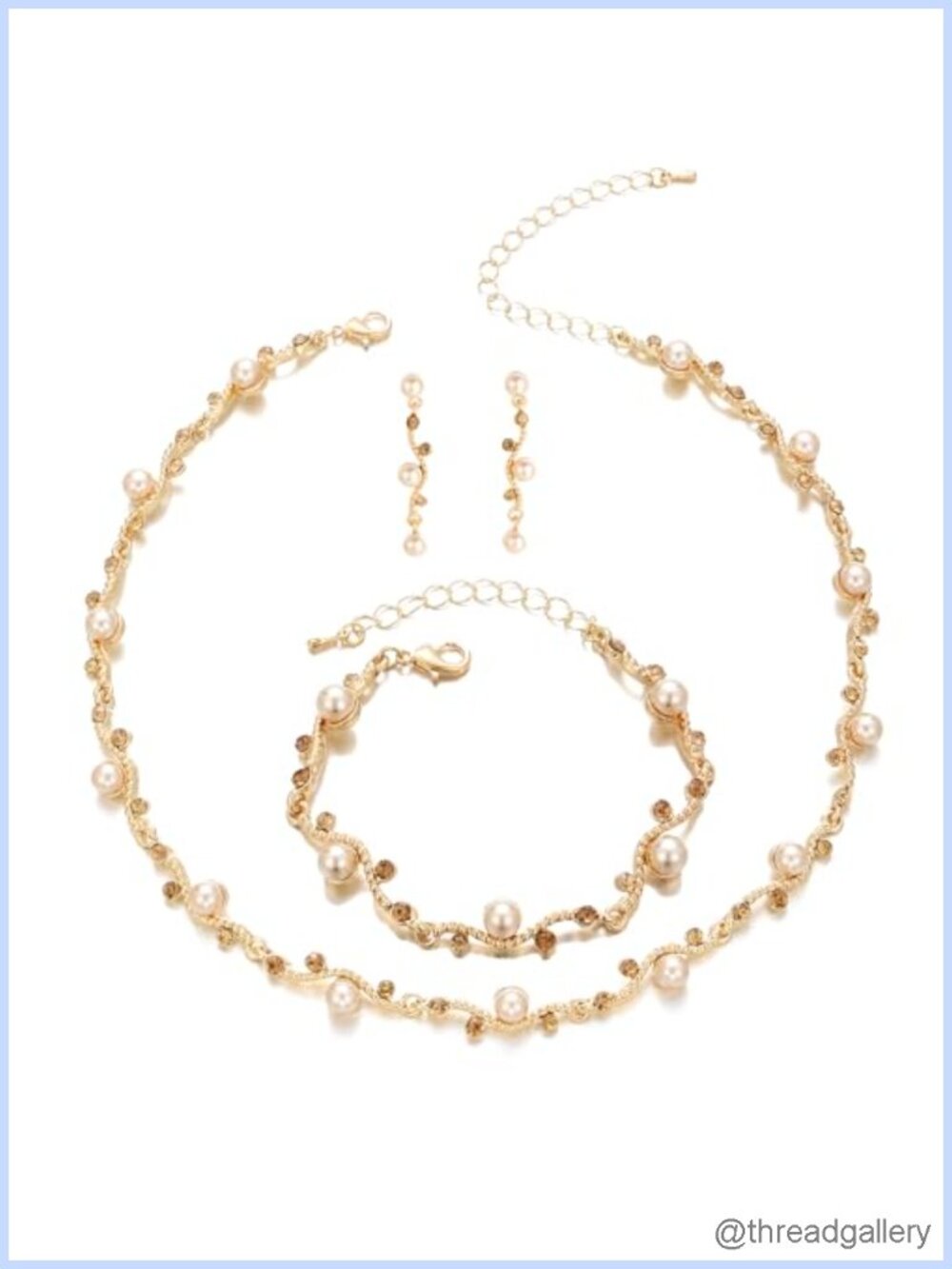 Pearl Crystal Bridal Jewelry Set Necklace Earrings Bracelet 14K Plated